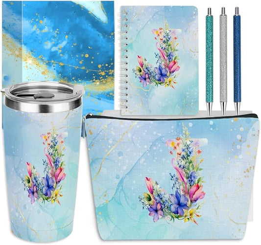 Personalized Gifts Monogrammed Birthday Gifts for Women, Maid of Honor Bachelorette Wedding Christmas Initial 20 oz Tumbler, Makeup Bag Cup Pens Journal Notebook 6 Set, (Aesthetic Blue Flower J)
