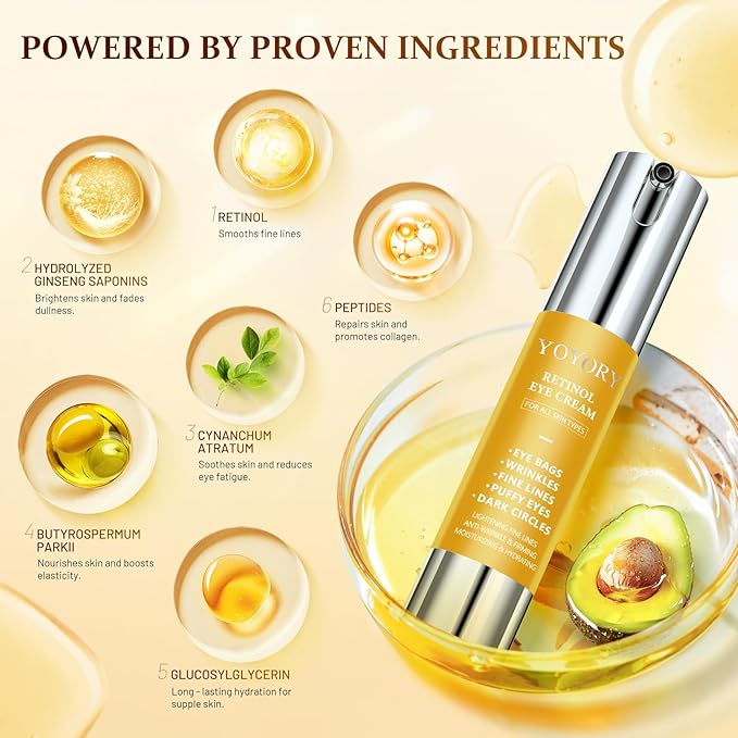 Retinol Eye Cream for Dark Circles - Rapid Under Dark Circles,Wrinkles, Eye Bags, Puffiness Remover for Women and Men, Temporary Firming & Tightening Treatment 0.66 fl oz (Golden)