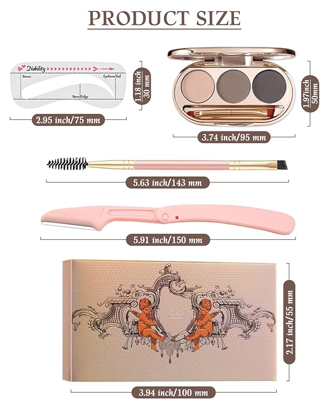 Waterproof Eyebrow Powder Kit - 3 Colors Long-Lasting Brow Powder Palette with Brush Razor & Stencil, Natural Tinting Powder for Women Sparse Brows | #01 Skin, Light Brown, Dark Brown
