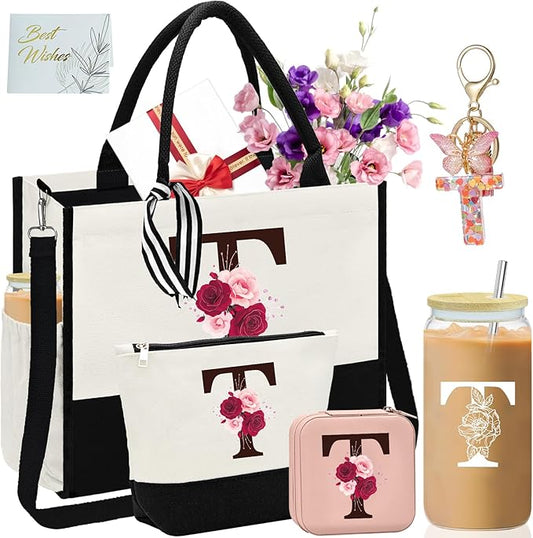 Birthday Gifts for Women,Initial Canvas Tote Bag,Monogrammed Gift for Women,16oz Initial Glass Cup,Makeup Bag with Zipper,Jewelry Organizer Box,Personalized Gifts for Mom-T