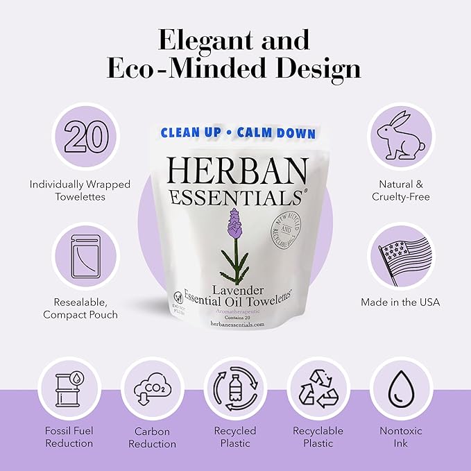 Herban Essentials - Lavender Wipes & Towelettes - Essential Oil Wipes for Make Up, Hands, Face & Body - Travel Size Essentials and Toiletries - Natural, Individually Wrapped and Disposable (20 count)
