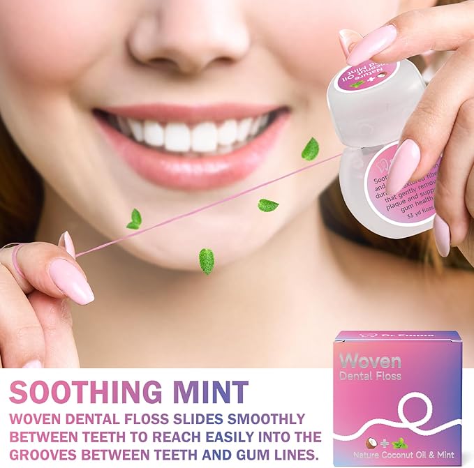 Dr. Emma Woven Dental Floss Coconut Oil Infused Expanding Dental Floss, Oral Care Stretchable Floss, Mint 33yd Pink, Pack of 2