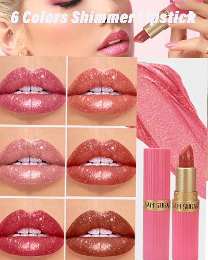 Sparkling Glitter Lipstick Set,6 Pcs Shimmer Nude Pink Brown Dark Rose Red Lip Gloss for Women Long Lasting Waterproof Metallic Diamond Shiny Lipstick Non-Stick Lipgloss Lip Color labiales Makeup Gift