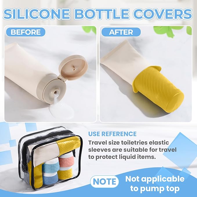 16Pack Travel Bottles for Toiletries, TSA Approved Travel Size Toiletries Containers Set, Silicone Leak Proof Refillable Bottles Elastic Sleeves Creams Jars Accessories Kit W/Clear Bag (Bright)