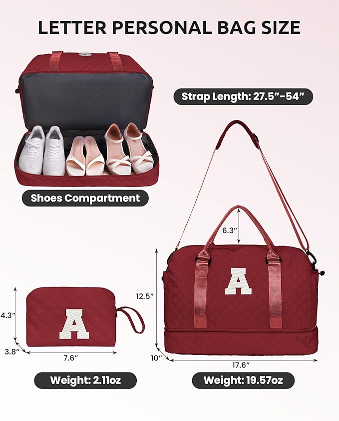 Personalized Gifts-Initial Overnight Bag with Shoe Compartment, Personalized Weekender Bag, Monogram Overnight Bag, Letter Travel Bag with Makeup Bag,Birthday Gift For Women Girl (Letter Q)