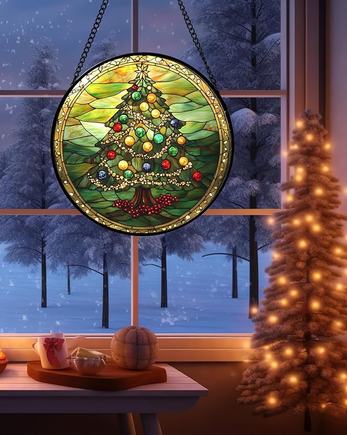 Stained Glass Window Hanging - Green Christmas Tree Gold Ribbon Suncatcher for Doors Home Christmas Decoration Sun Catcher Thanksgiving New Year Birthday Gifts for Women Men Mom Nana 6.3 in
