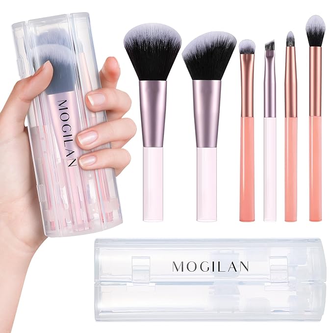 Travel Makeup Brush Set – Portable 6PCS Mini Cosmetic Brushes for Foundation, Concealer, Eyeshadow, Blush, Powder, Contour & Highlight, On-the-Go Makeup Brush Kit with Travel Case