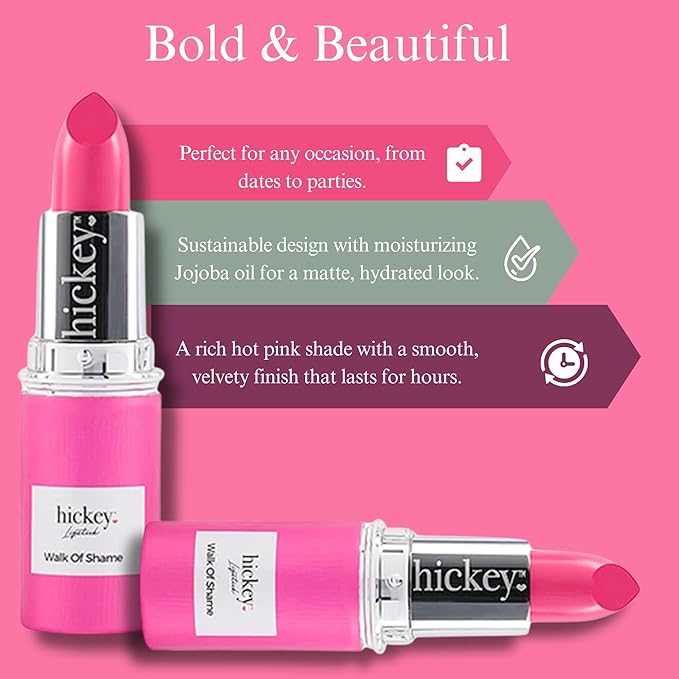 Hickey Lipstick Walk of Shame Organic Hot Pink Lipstick Refill - Long Lasting Lipstick for Women - Hydrating & Moisturizing Shade, Lip Color for Women, Gluten-Free & Vegan with Highly Pigmented