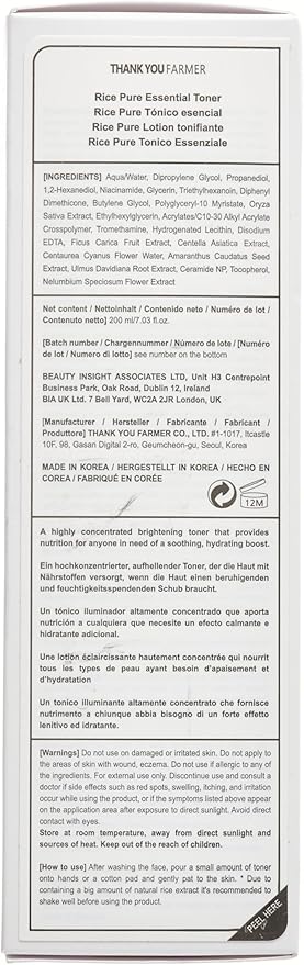 THANKYOU FARMER Rice Pure Toner โ Hydrating K-Beauty Face Milk with Niacinamide & Centella โ Vegan Korean Skincare for Men & Women, All Ages โ Natural Toner for Dry, Sensitive Skin (7.03 oz)