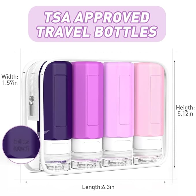 Redfly Travel Bottles for Toiletries, 3oz Tsa Approved Travel Size Containers, BPA Free Leak Proof Squeezable Containers for Toiletries, Silicone Refillable Essentials for Shampoo Conditioner Purple
