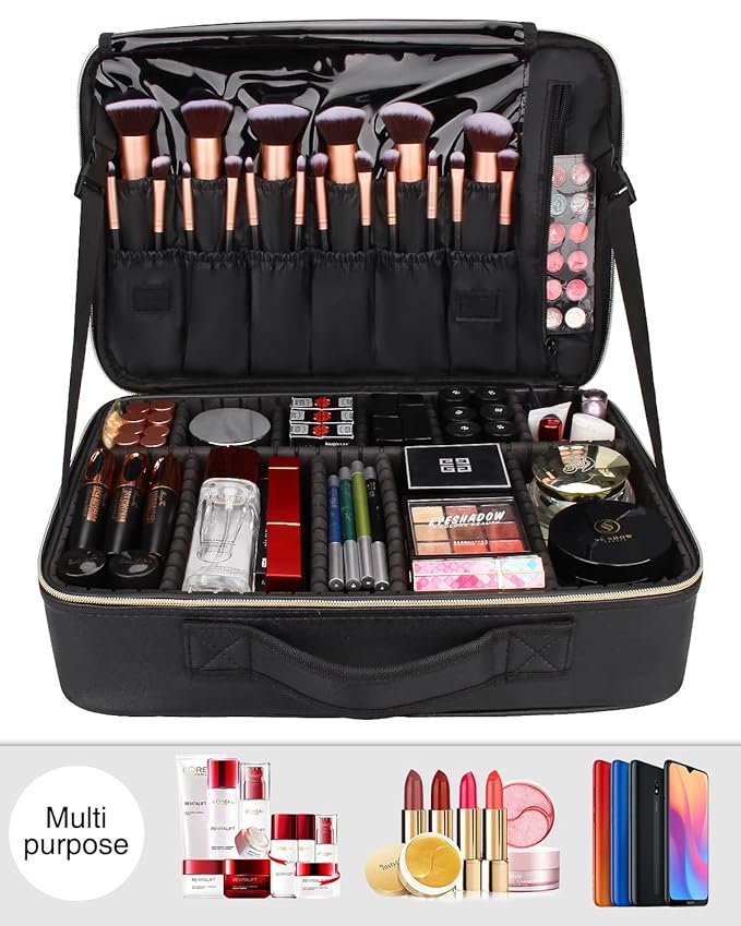 MONSTINA Large Makeup Travel Case Bag,Professional Makeup Artist Train Case with Brush organizer,Large Capacity Cosmetic Bag with Zipper Pocket and Adjustable Compartment(PU Leather Black)