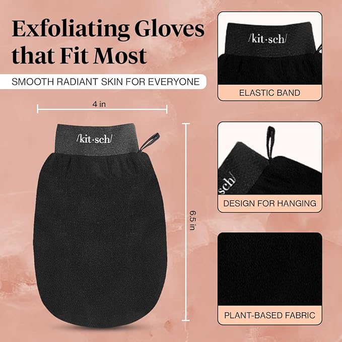 Kitsch Exfoliating Glove – Korean Exfoliating Mitt & Deep Exfoliating Body Scrubber for Shower, Bath | Body Exfoliator, Dead Skin Remover | Skin Care for Smooth, Renewed Skin - 1pc, Black