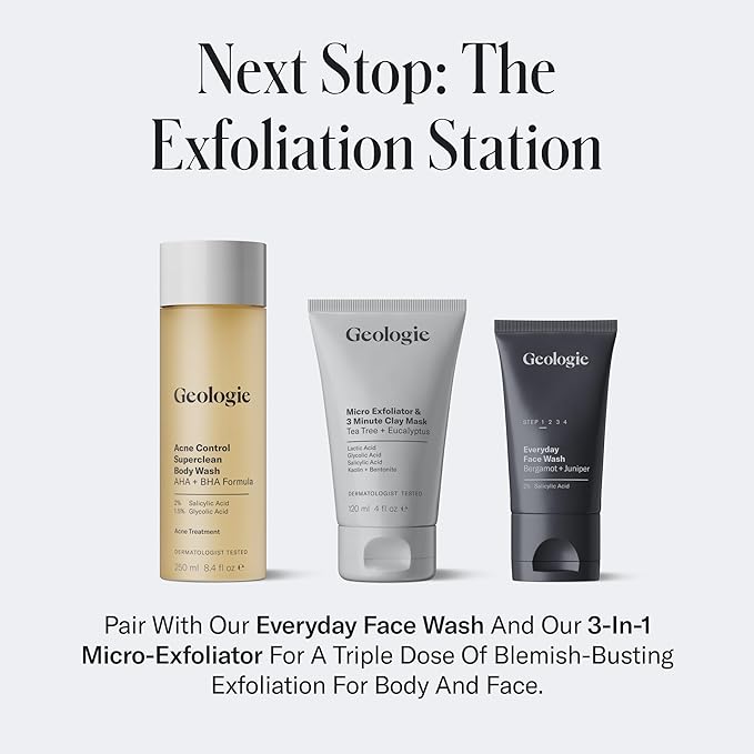 Geologie Acne Control Body Wash | Exfoliating AHA + BHA Cleanser for Men & Women | Reduces Bacne & Body Breakouts | Salicylic Acid + Glycolic Acid | 8.4 Fl Oz