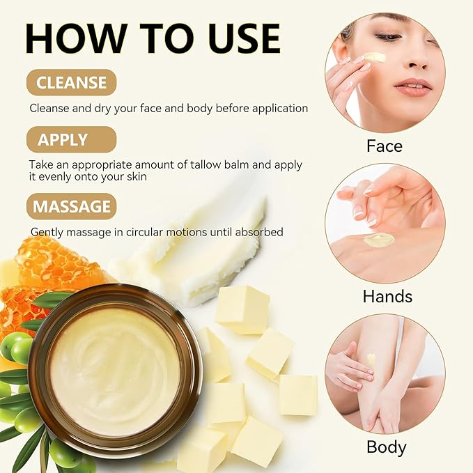 Beef Tallow for Skin, Organic Tallow and Honey Balm for Face, Natural Face Moisturizer, Grass Fed Beef Tallow Skin Care Cream Body Butter, Deep Hydrate and Nourish Dry Skin