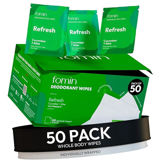 FOMIN Travel Deodorant Wipes - 50 Count - Refreshing Cucumber and Aloe - pH Balanced, Hypoallergenic Mini Deodorant Wipes For Women and Men - Plastic-Free, Individually Wrapped Underarm & Body Wipes
