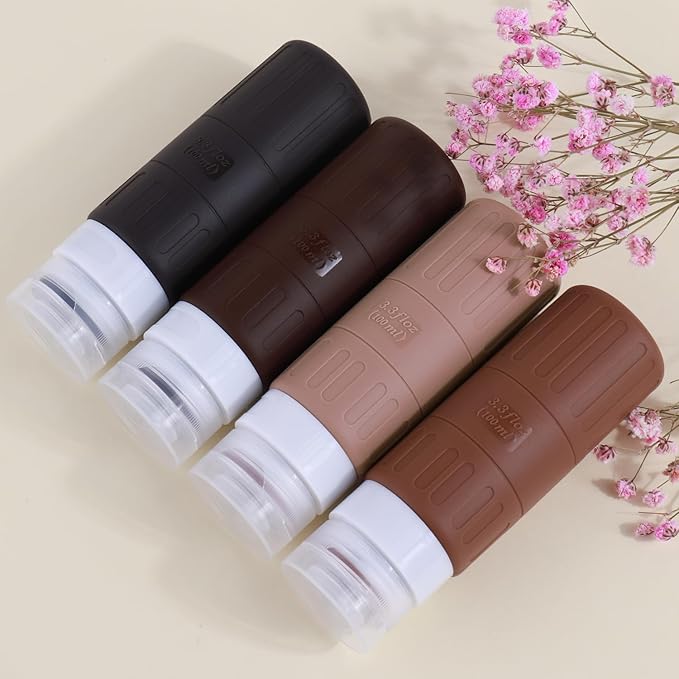 GLAMFIELDS Travel Bottles for Toiletries,TSA Approved 3.3oz Size LeakProof Silicone Toiletry Containers for Shampoo, Conditioner,Easy to Squeeze,Portable Travel Essentials for Lotion(18 Pack) Coffee