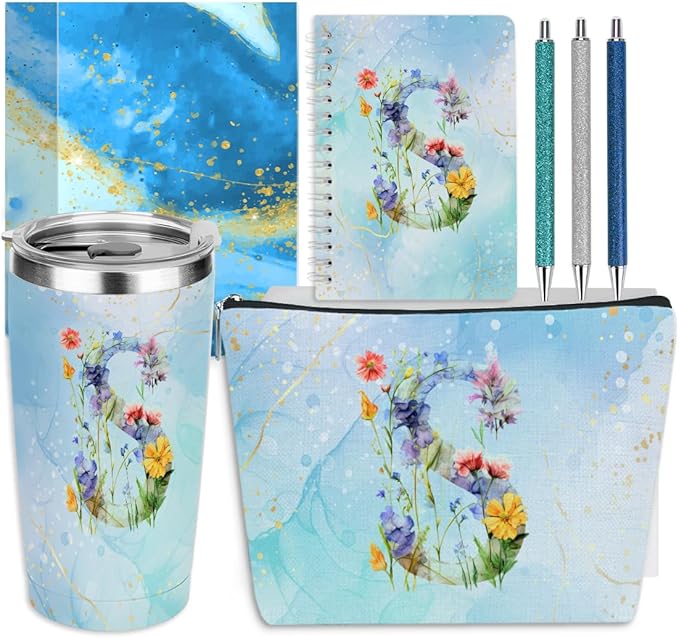 Personalized Gifts for Women Monogrammed Birthday Gifts for Women, Wife Girlfriend Christmas, Initial 20 oz Tumbler, Makeup Cosmetic Bag Cup Pens Journal Notebook 6 Set, (Aesthetic Blue Flower S)