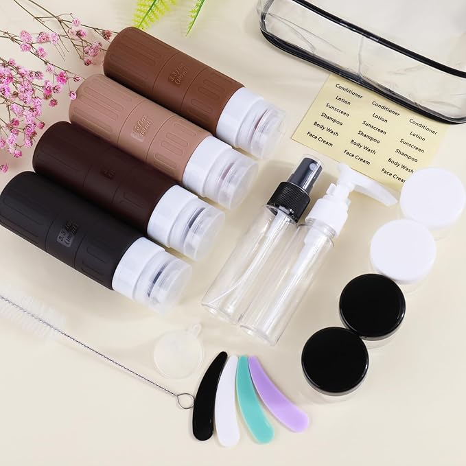 GLAMFIELDS Travel Bottles for Toiletries,TSA Approved 3.3oz Size LeakProof Silicone Toiletry Containers for Shampoo, Conditioner,Easy to Squeeze,Portable Travel Essentials for Lotion(18 Pack) Coffee