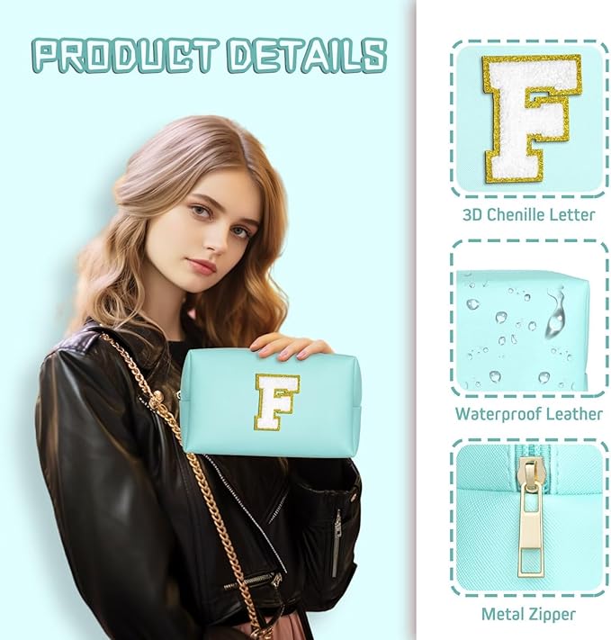TOPEAST Initial Makeup Bag for Travel, Chenille Letter Pouch Cosmetic Bag, PU Leather Waterproof Toiletry Bag, Personalized Gifts for Bride Bridesmaids, Cute Things for Girls (Blue Q)
