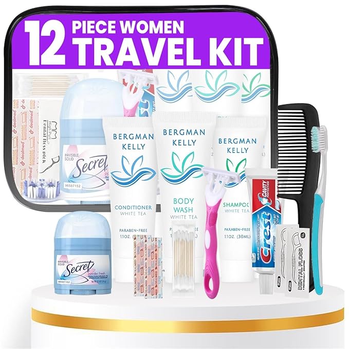 Trektote Travel Toiletry Kit For Women – (100 Pack) 12 Piece Set Of Travel Size Toiletries, TSA Compliant, Travel Essentials, Includes Shampoo And Conditioner, Body Wash, Toiletry Bag & More