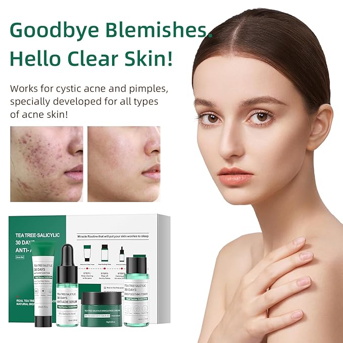 Tea Tree Salicylic Acid Facial Skin Care Set, Travel Size Gift Set Cystic Hormonal Acne Treatment Face Wash Cleanser, Facial Toner Cream Moisturizer Travel Essentials for Pimple Adult Oil Control Kit