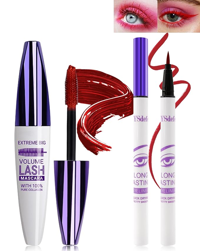 Red Mascara Liquid Eyeliner Set,5D Waterproof Fiber Colored Mascara Volume and Length,Longlasting Smudgeproof Color Eye Liner Pen,Cosplay Party Stage Use,Mother's Day Makeup Gift Kit for Women Girl