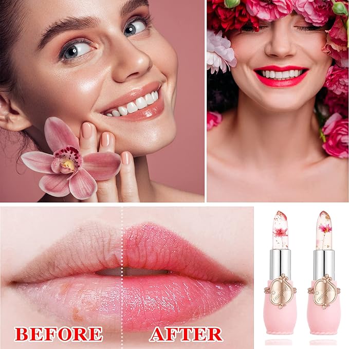 2 Pack Crystal Jelly Flower Lipstick,Magic Temperature Color Change Lip Gloss Lip Stick PH Clear Magic Lipstick Long Lasting Nutritious Moisturizing Lip Balm(Set A)