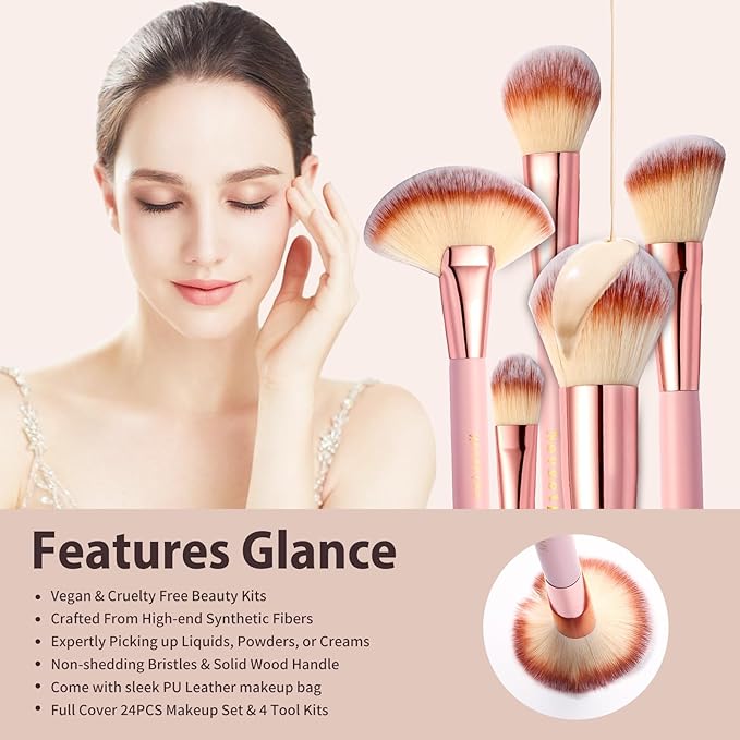 28PCS Makeup Brush Set, Quality Makeup Brushes for Women, Brush Set Make Up for Beginner Starter Professional,Pink Makeup Set with Blenders Masks Spatula,Travel-Friendly Makeup Brush Set with Case