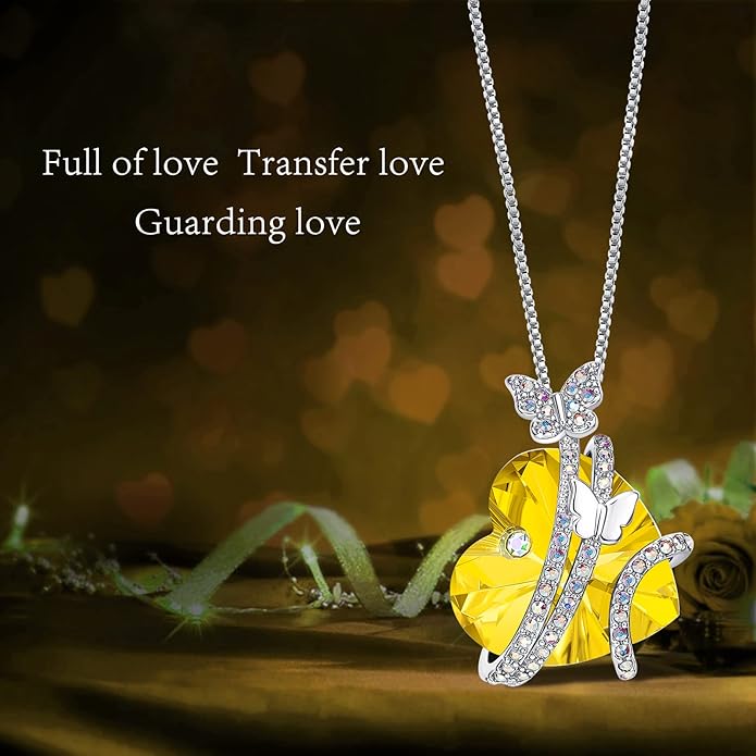 ASELFAD Butterfly Love Heart Pendant Necklace with Crystals, Anniversary Birthday Jewelry for Women Mom Grandma Wife Girlfriend