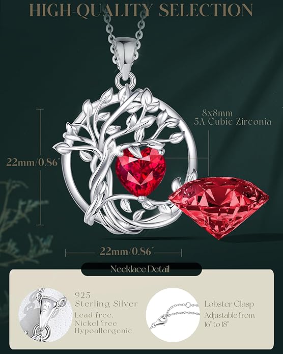 FANCIME Tree of life Birthstone necklace Sterling Silver Pendant Birthstone Necklace Gemstone Anniversary Birthday Jewelry Christmas Gifts for Mom Her Wife