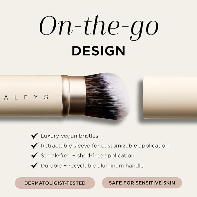 HALEYS Retractable Face Brush, VEGAN Dense, Angled Bristles & Adjustable Sleeve, Portable Makeup Brush for Quick, Easy Streak-Free Blending of Liquids, Creams, Powders, Travel-friendly Mess-Free Cap