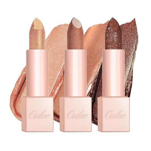 Oulac Moisture Nude Brown Lipstick Set 3PCS - Infinity High Shine Finish, Hydrating Vegan Lipstick Infused with Damask Rose Oil for All-Day Comfort, Gluten-Free, PG13+PG06+D06