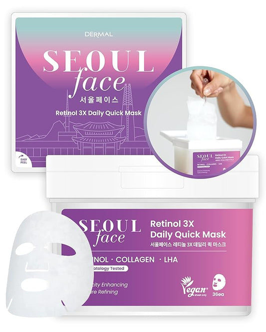 DERMAL Seoul Face Retinol 3X Daily Quick Mask 36 Sheet โ Korean Skincare Vegan Tencel Facial Masks - Anti Aging, Wrinkle Improvement Mask Sheets with Collagen, LHA, Peptide