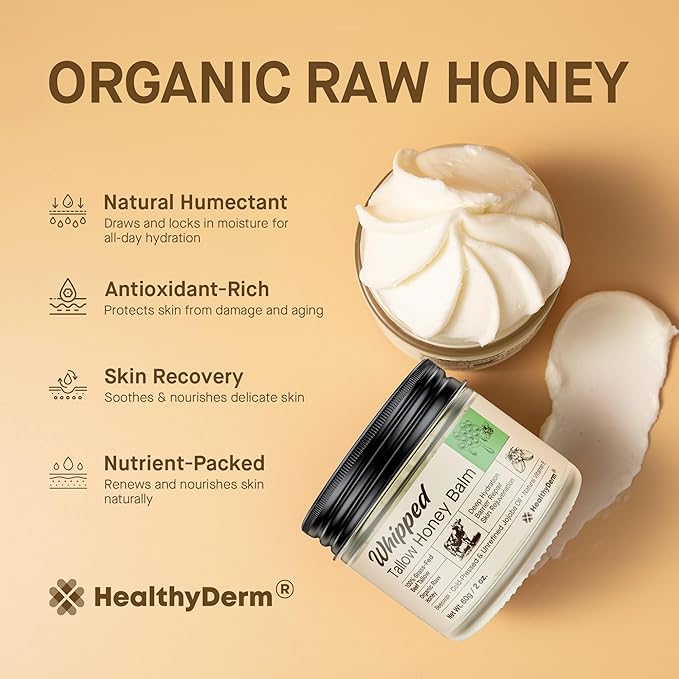 Beef Tallow Honey Balm for Skin: 100% Grass Fed Whipped Organic Moisturizer with Organic Raw Honey, Jojoba Oil, Vitamin E – Natural Face and Body Care for Mature, Dry or Sensitive Skin, 2oz