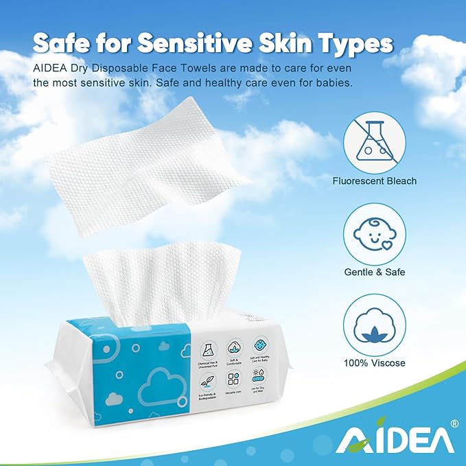 AlDEA Face Towels Disposable-600Ct, Face Towelettes for Sensitive Skin, Clean Facial Wipes for Makeup Removing, Facial Cleansing, Travel, Dry Wipes Face Cloths