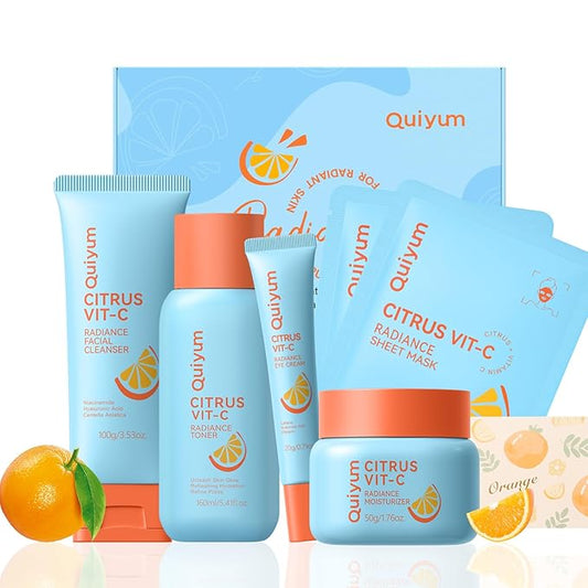Citrus Vitamin C Skin Care Set, K-Beauty Skincare for Women Teens Girls- Gift Set with Cleanser, Toner, Eye Cream, Moisturizer, Facial Mask *2, Facial Skincare Product, Travel Set, for Oil Skin Type