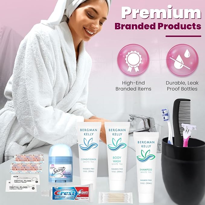 Trektote Travel Toiletry Kit For Women – (100 Pack) 12 Piece Set Of Travel Size Toiletries, TSA Compliant, Travel Essentials, Includes Shampoo And Conditioner, Body Wash, Toiletry Bag & More