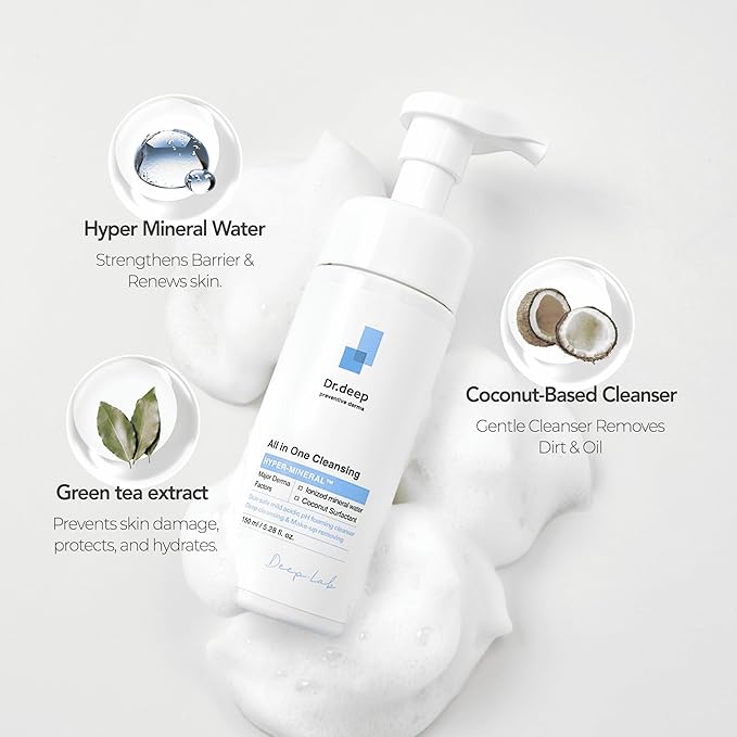 Dr.Deep All in One Cleansing - Korean Foaming Facial Cleanser for Bumpy Skin & Blackheads, Makeup Removing Cleanser & Gentle Face Wash for All Skin Types - 5.07 fl. oz