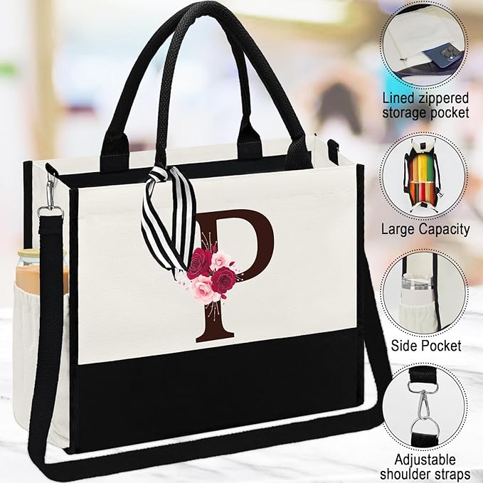 Birthday Gifts for Women,Initial Canvas Tote Bag,Monogrammed Gift for Women,16oz Initial Glass Cup,Makeup Bag with Zipper,Jewelry Organizer Box,Personalized Gifts for Mom-P