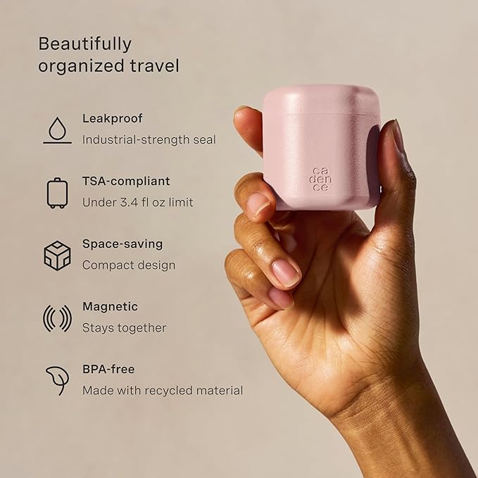 Cadence Travel Containers - Core Skincare Set - Magnetic Containers with Lids,2 Small (0.56oz) & 3 Medium (1.32oz) - Cleanser, Moisturizer, Serum, Makeup Remover & Sun Icon Labels - Petal