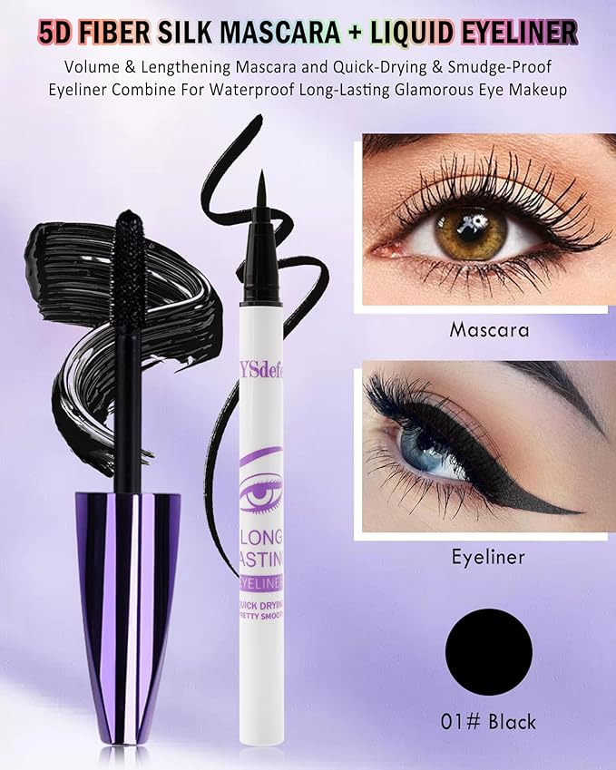 Black Mascara Liquid Eyeliner Set,5D Waterproof Fiber Colored Mascara Volume and Length,Longlasting Smudgeproof Color Eye Liner Pen,Cosplay Party Stage Use,Mother's Day Makeup Gift for Women Girl-01