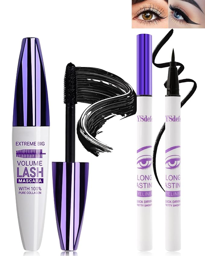 Black Mascara Liquid Eyeliner Set,5D Waterproof Fiber Colored Mascara Volume and Length,Longlasting Smudgeproof Color Eye Liner Pen,Cosplay Party Stage Use,Mother's Day Makeup Gift for Women Girl-01