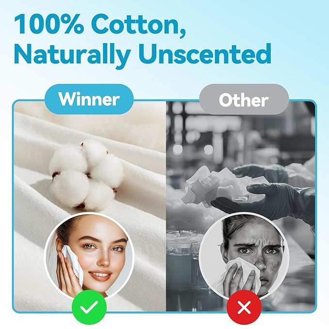 Winner Soft Face Towels, Upgraded Thicker 100% USA Cotton Dry Wipes, Unscented and Gentle on Sensitive Skin, Disposable Makeup Remover and Facial Towelettes (240 Count, Pack of 3)
