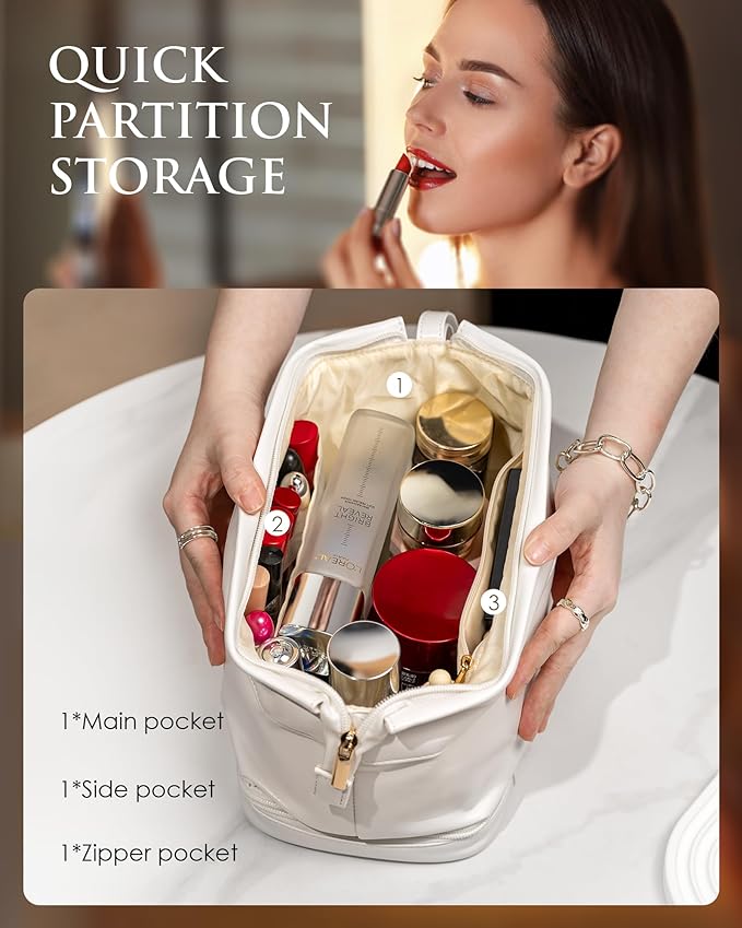 Women Gifts, Initial Makeup Bag, Personalized Double Layer Cosmetic Bag with Makeup Brush Organizer, Waterproof, Large Capacity PU Leather Travel Toiletry Bag, Gift for Wife