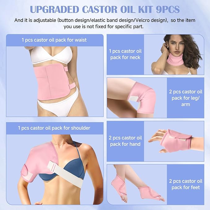 Castor Oil Pack Wrap, 9 Pcs Organic Castor Oil Packs Kit for Entire Body Neck Shoulder Waist Back Hand Knee Leg and Feet, Reusable Pads Kit for Hot/Cold Castor Oil Compress for Woman/Man【Pink】