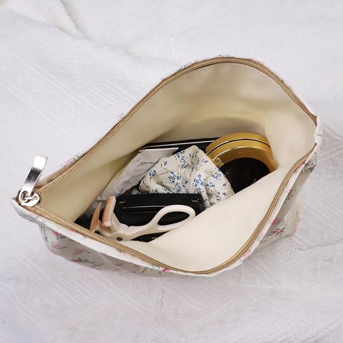 Wudygirl Flower Makeup Bag Cosmetic Bag for Women and Girls Large Capacity Makeup Pouch Aesthetic Cute Makeup Bag Canvas Toiletry Bag Pencil Pouch with Zipper (Beige and Small Floral)