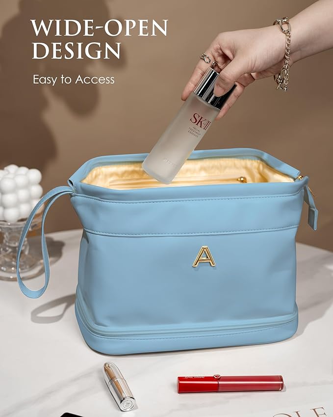 Initial Makeup Bags, Friend Gifts, Personalized Double Layer Cosmetic Bag with Makeup Brush Organizer, Waterproof, Large Capacity PU Leather Travel Toiletry Bag, Birthday Gifts for Girls