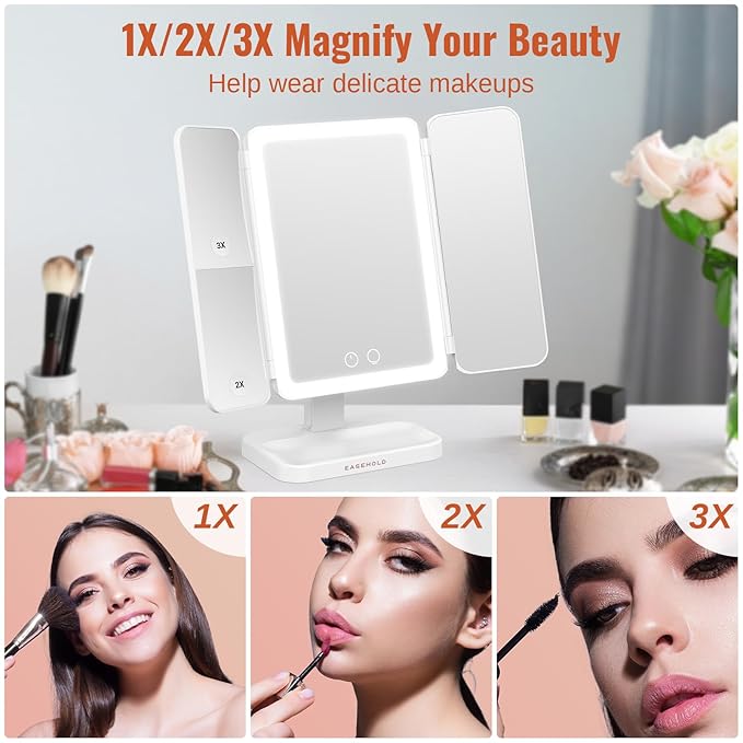 EASEHOLD Lighted Makeup Mirror with 3X Magnification, 3 Color Lights & Touch Sensor - Rechargeable Trifold Vanity Mirror for Travel, Desk, Home Use
