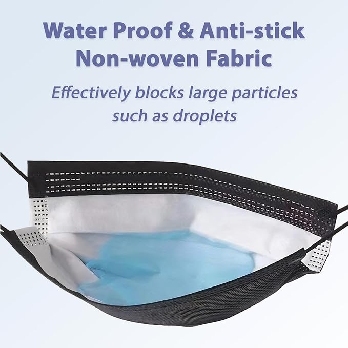 50 Pack Black Disposable Face Mask for Adults, Fashion 3-Ply Breathable Earloop Full Face Protection for Women & Men