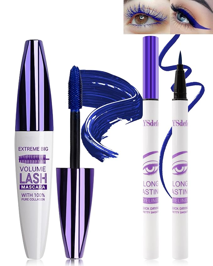Blue Mascara Liquid Eyeliner Set,5D Waterproof Silk Fiber Colored Mascara Volume and Length,Longlasting Smudgeproof Color Eye Liner Pen,Mother's Day Colorful Eye Makeup Gift Kit for Women Girl-04